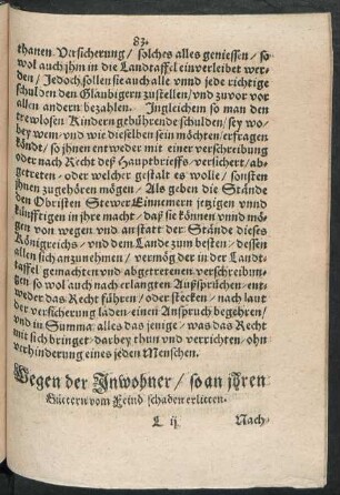 Wegen der Inwohner/ so an ihren Güttern vom Feind Schaden erlitten.