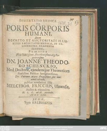 Dissertatio Medica De Poris Corporis Humani