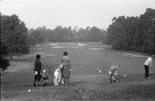 Blick über einen Golfplatz. Im Vordergrund Golfer mit Golftrolley und Golfbag