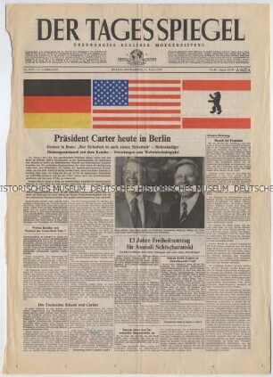 Titelseite der Tageszeitung "Der Tagesspiegel" zum Berlin-Besuch des US-Präsidenten Jimmy Carter