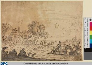 Landschaft mit Häusern an einem Weg mit Rastenden und Reisenden