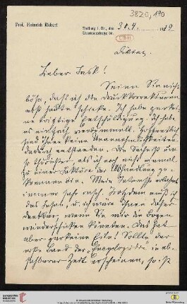 Heid. Hs. 3820,190: Karte von Heinrich Rickert an Emil Lask