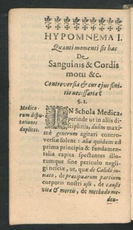 Hypomnema I. Quanti momenti sit haec De Sanguinis & Cordis motu & c.