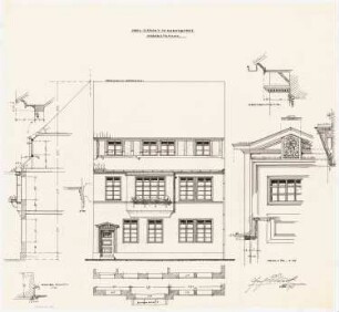 Fassaden der nach dem Brand am 17. Juni 1915 wiederaufgebauten Häuser, Duderstadt: Aufriss: Ansicht von der Straße 1:50; Fassadenschnitte horizontal und vertikal 1:50; Details 1:10: Haustür und Gesims