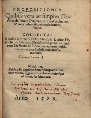 Propositiones, quibus vera ac simplex doctrina de Peccato originali, perspicue explicatur ...