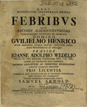 Dissertatio Inavgvralis Medica De Febribvs