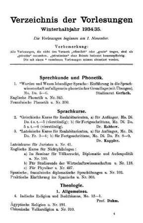 Verzeichnis der Vorlesungen Winterhalbjahr 1934/35.