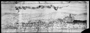Obergrombach Stich - Federzeichnung Prospedt des Stadtleins Obergrombach wie selbiges von Süden anzusehen von Johann Dietrich Haeckhern (1749)