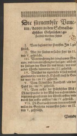 Die fürnembste Puncten/ davon in den Schwalbachischen Gesprächen/ gehandelt worden/ seynd diese.