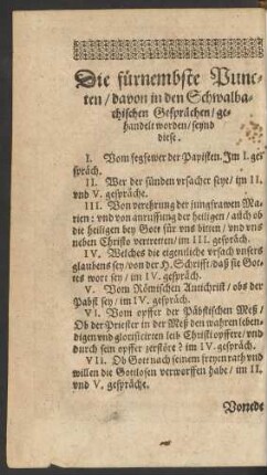 Die fürnembste Puncten/ davon in den Schwalbachischen Gesprächen/ gehandelt worden/ seynd diese.