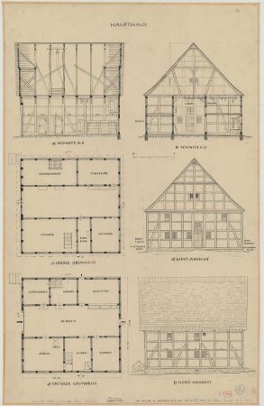 Amelunxen (Kreis Höxter): Hof Nr. 44 Wüllner. Haupthaus (Grundrisse, Nordansicht, Westansicht, Schnitte)