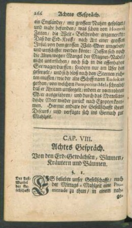 Cap. VIII. Achtes Gespräch. Von den Erd-Gewächsen, Blumen, Kräutern und Bäumen