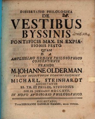 Dissertatio Philologica De Vestibus Byssinis Pontificis Max. In Expiationis Festo