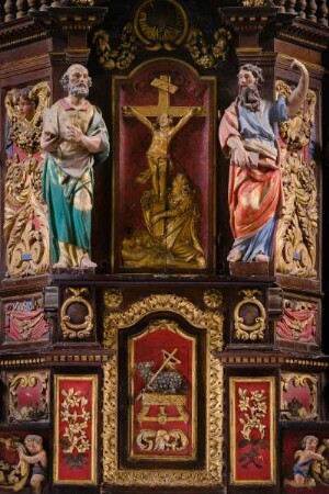 Frankreich. Bretagne. Finistere. Pleyben Christ. Umfriedeter Pfarrhof. Hauptaltar. 1678. Detail