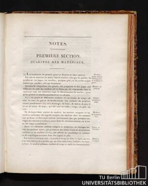 Notes. Première Section. Qualités des matériaux. Deuxième Section. Emploi des matériaux.