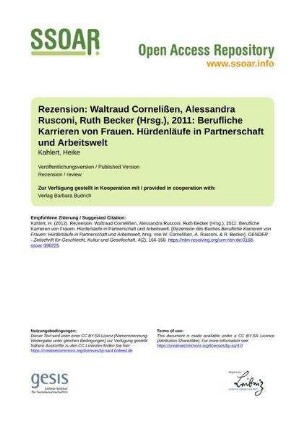 Rezension: Waltraud Cornelißen, Alessandra Rusconi, Ruth Becker (Hrsg.), 2011: Berufliche Karrieren von Frauen. Hürdenläufe in Partnerschaft und Arbeitswelt