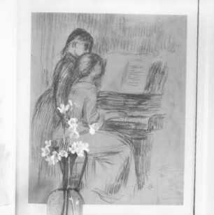 Stilleben mit Blütenzweig vor einer Reproduktion (Zwei Mädchen am Klavier, gezeichnet von Renoir)