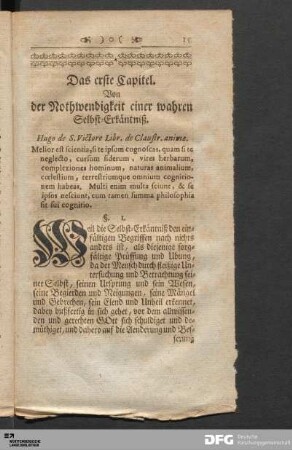 Das erste Capitel. Von der Nothwendigkeit einer wahren Selbst-Erkäntniß.