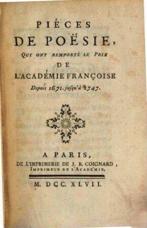 Pièces de poesie qui ont remporté le prix de l'Académie Française 1747