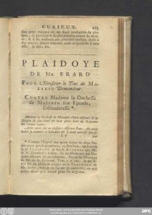 Plaidoye De Mr. Erard Four Monsieur le Duc de Mazarin Demandeur. Contre Madame la Duchesse de Mazarin son Epouse, Défenderesse.