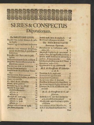 Series & Conspectus Disputationum.