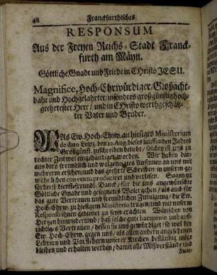 Responsum Aus der Freyen Reichs-Stadt Franckfurth am Mäyn.