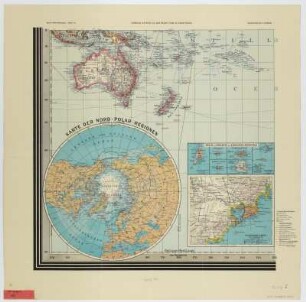 Weltkarte, 1:35 000 000, 1910 : Henze, Adolf : Henze's Weltkarte : in Mercators Projection ; mit besonderer Berücksichtigung des Welt- und Handelsverkehrs, des Kolonialbesitzes und der Polargebiete ; Section I-VI / Adolf Henze. - 1:35 000 000 Leipzig-Neustadt : Henze , [ca. 1910]. - 6 Kt. : Lithogr. ; 45 x 45 cm + Zeichen-Erklärung u. Erläuterung. - 12 Nebenkarten