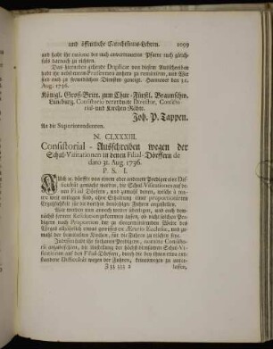 N. CLXXXIII. Consistorial-Ausschreiben wegen der Schul-Visitationen in denen Filial-Dörffern de dato 31. Aug. 1736.