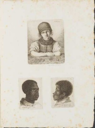 Kupferstich 16: [Marktfrau aus Baiern], Kupferstich 17: [Junger Mann aus Brasilien] und Kupferstich 18: [Junger Mann aus Brasilien, Seitenansicht]
