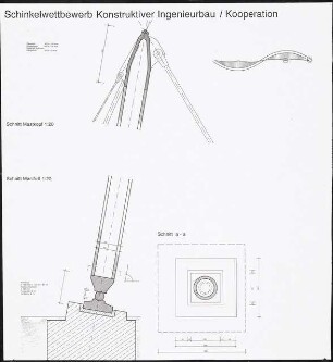 Eine Fußgängerbrücke über den Teltowkanal, Berlin-Adlershof Schinkelwettbewerb 1996: Details: Schnitt Mastkopf, Schnitt Mastfuß 1:20, Schnitt A-A