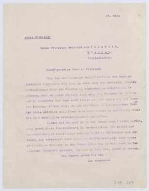 Schreiben an Professor Heinrich von Thiersch, München, Polytechnikum (Brief)