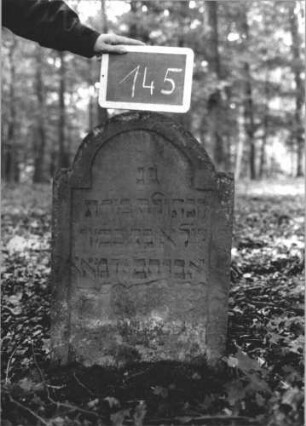 Grabstein 145 (Index: 99894878) Material: Sandstein Zustand: gut, im unteren Teil abgeblättert Maße HxBxT: 75x50x9 cm Beschreibung: Stele mit eingezogenem Rundbogenabschluss: Grabstein 145