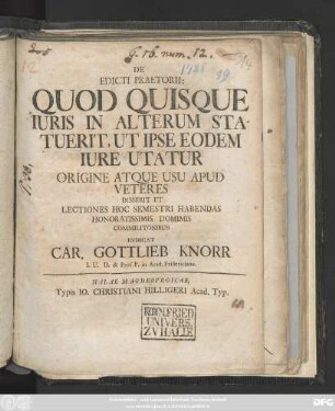 De Edicti Praetorii: Quod Quisque Iuris In Alterum Statuerit, Ut Ipse Eodem Iure Utatur Origine Atque Usu Apud Veteres
