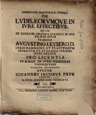 Dissertatio Inavgvralis Ivridica De Lvdis, Eorvmqve In Ivre Effe tibvs