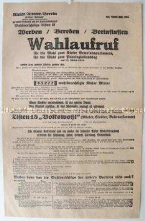 Sonderdruck mit einem Wahlaufruf des Kieler Mieter- Vereins zur Reichstagswahl im März 1933