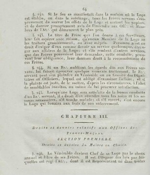 Chapitre III. Droits et devoirs relatifs aux Offices des Francs-Macons.