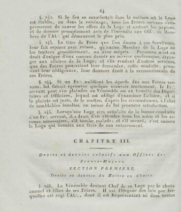 Chapitre III. Droits et devoirs relatifs aux Offices des Francs-Macons.