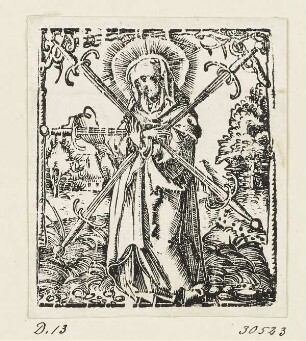 Mater Dolorosa, aus: Jean Clein, "Hortulus anime cum alijs appluri=mis orationibus pristine impressioni superadditis: vt tabulam in huius cal ce annexam intuenti patentissium erit", Nürnberg
