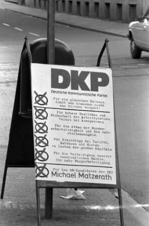 Oberbürgermeisterwahl am 9. April 1978. Wahlwerbung der DKP für Kandidat Michael Matzerath