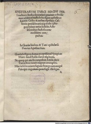 Epistolarum Turci Magni per Laudinum libellus : sententiarum gravitate refertissimus additis nonnullis lectu dignis epistolis ex Laertio ...