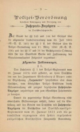 Polizei-Verordnung betreffend Anbringung und Benutzung von Fahrpreis-Anzeigern im Droschkenfuhrgewerbe