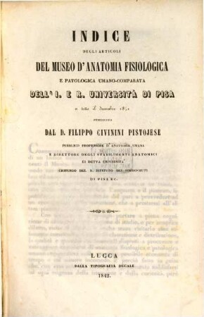 Indice degli articoli del Museo d'anatomia fisiologica e patologica umano-comparata dell‛ J. e R. Università di Pisa