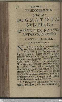 Praenotiones Contra Dogmatistas Subtiles Qui Sunt Ex Naturalistarum Numero Custodiendae