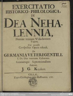 Exercitatio Historico-Philologica, De Dea Nehalennia, Numine veterum Walachrorum Topico,