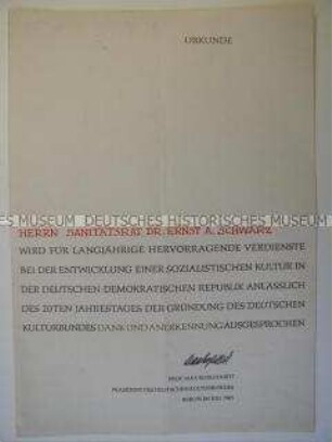 Urkunde des Deutschen Kulturbundes anlässlich des 20. Jahrestages seiner Gründung