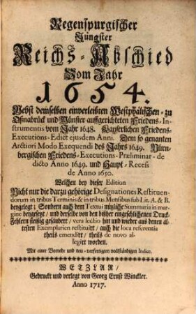 Regenspurgischer Jüngster Reichs-Abschied vom Jahr 1654