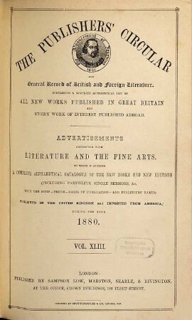 Publishers' circular and booksellers' record. 1880 = Vol. 43,a