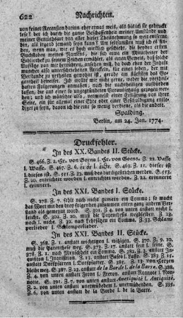 Druckfehler. In des XX. Bandes II. Stücke. - In des XXI. Bandes II. Stücke.