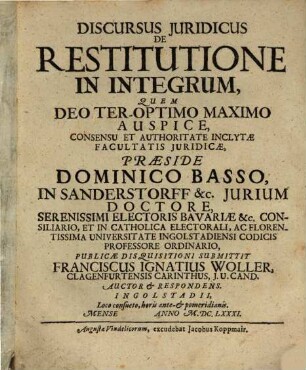 Discursus Iuridicus De Restitutione In Integrum