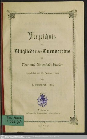 1886: Verzeichnis der Mitglieder des Turnvereins für Neu- und Antonstadt-Dresden : nach dem Stande vom ...